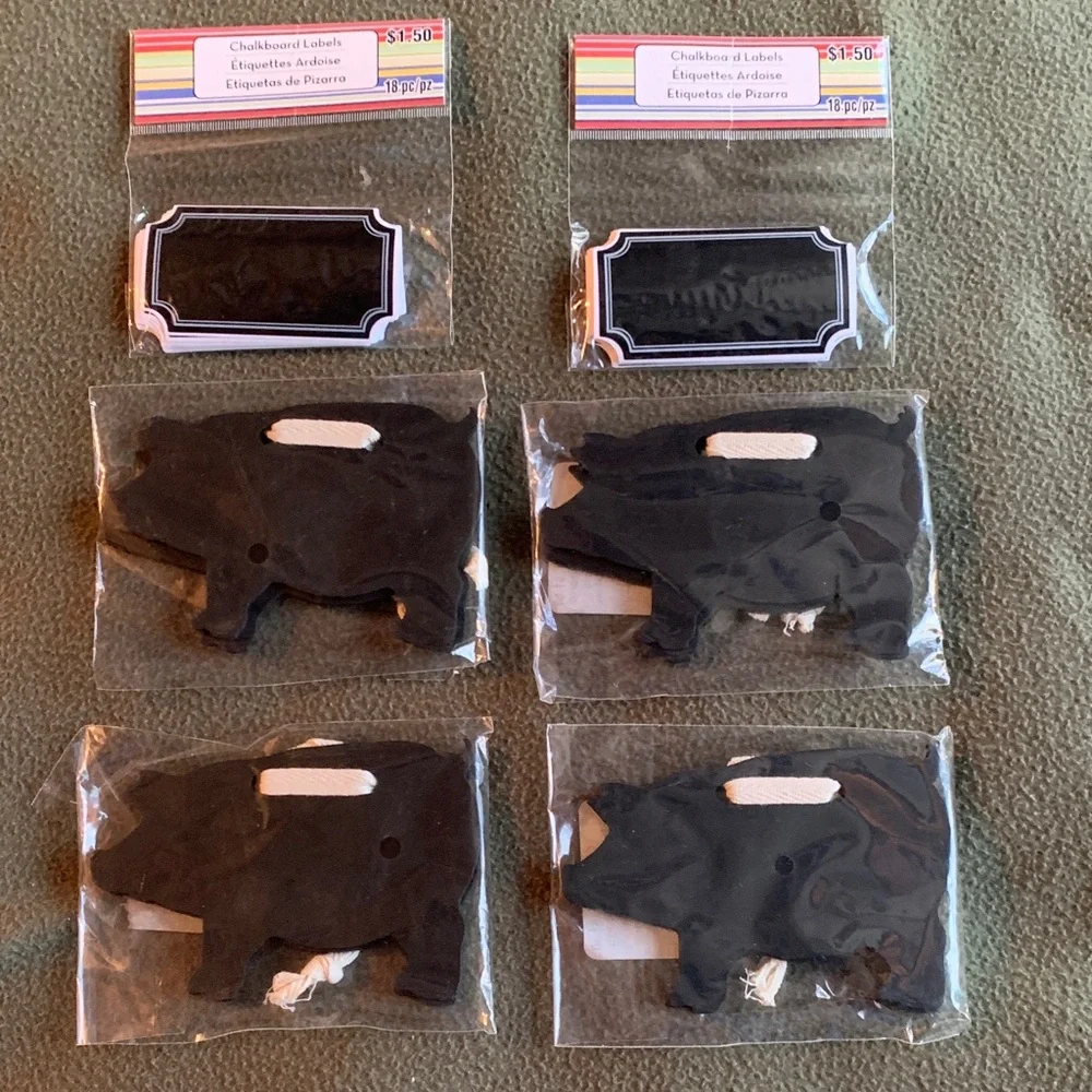 NWT Chalk board pigs (4 sets of 2). Chalkboard Labels (2 sets of 18).